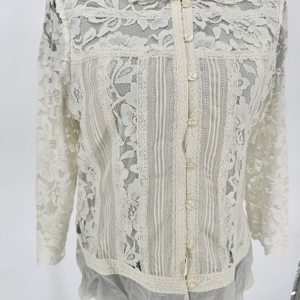 Coldwater Creek Ivory Lace Feminine Boho Button Up Blouse 3/4 Sleeve Women's M - Picture 3 of 6